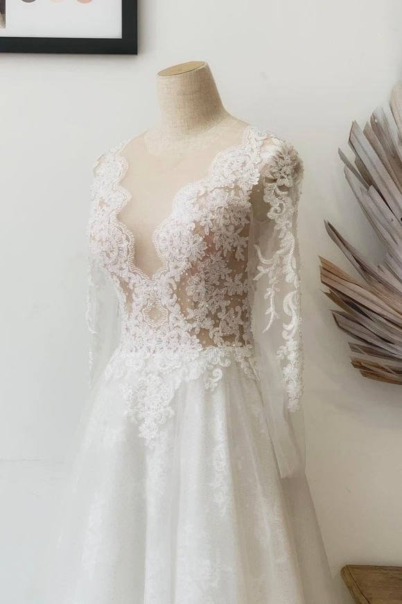 Leilany | A-Line Illusion Crew Neck White Lace Wedding Dress
