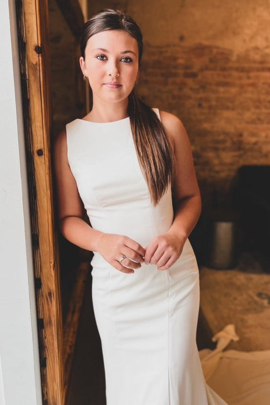 White Satin Bateau Open Back Mermaid  Long Wedding Dress