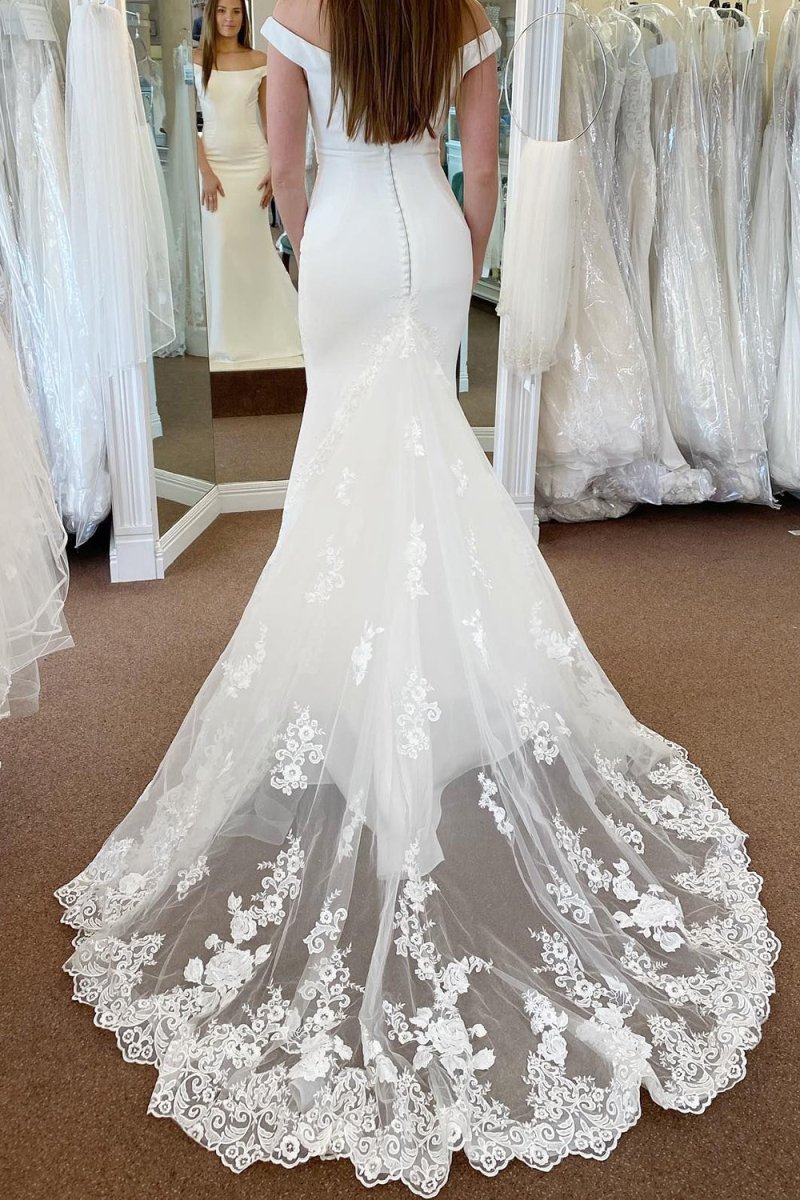 Liberty | White Off the Shoulder Long Mermaid Wedding Dress with Lace Appliques