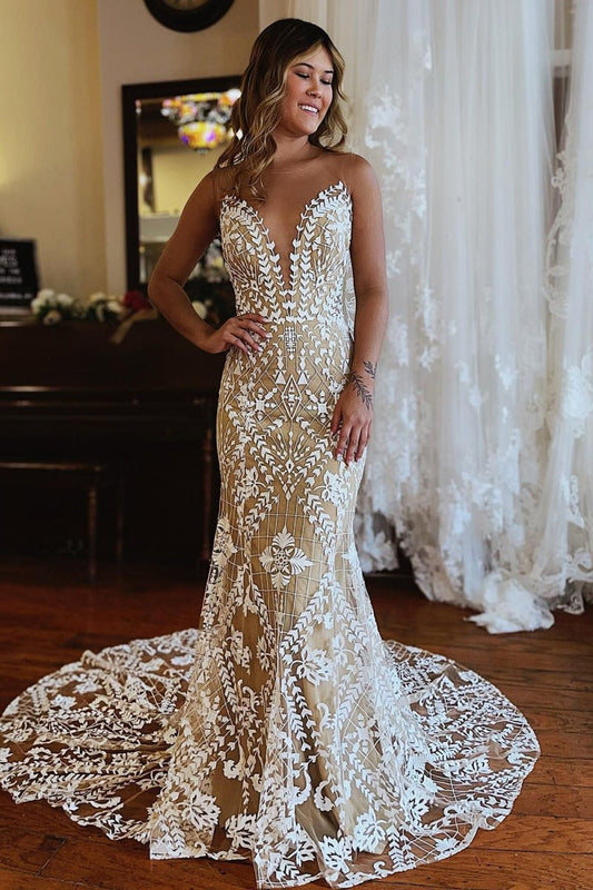Kori | Champagne Illusion Boat Neck Mermaid Long Lace Wedding Dress