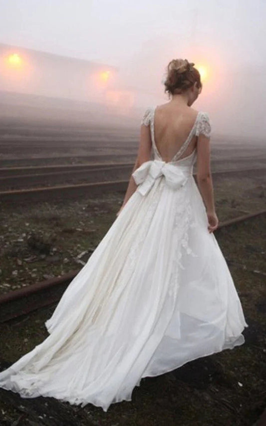 A-line Princess V-neck Floor-length Cap Sleeve Lace Chiffon Wedding Dresses