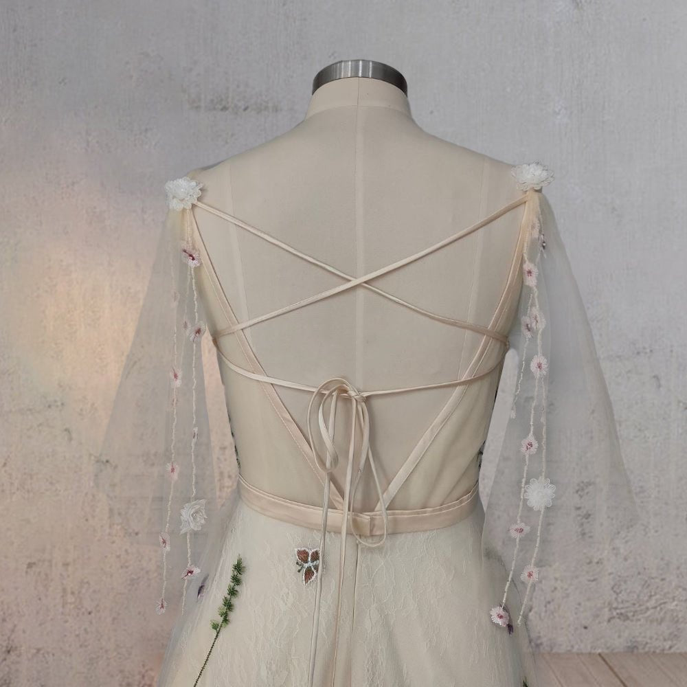 Diva | A-Line V Neck Sleeveless Floral Enchantment Boho Wedding Dress