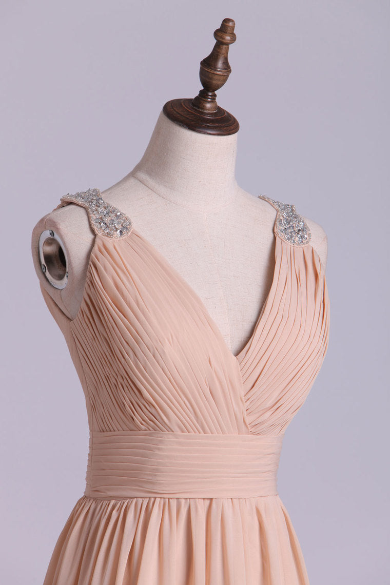2022 V Neck A Line Chiffon Bridesmaid Dress With Beads Floor Length