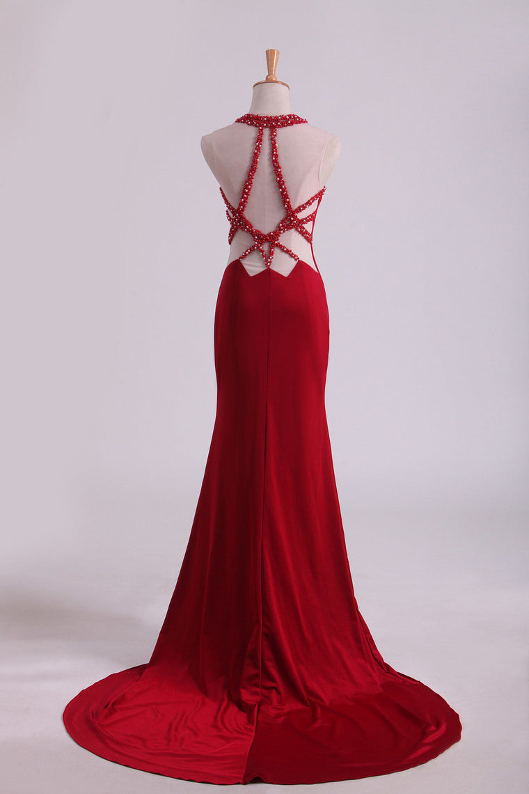 2022 Burgundy Chiffon Prom Dresses Scoop Spandex With Beading Sweep Train Mermaid