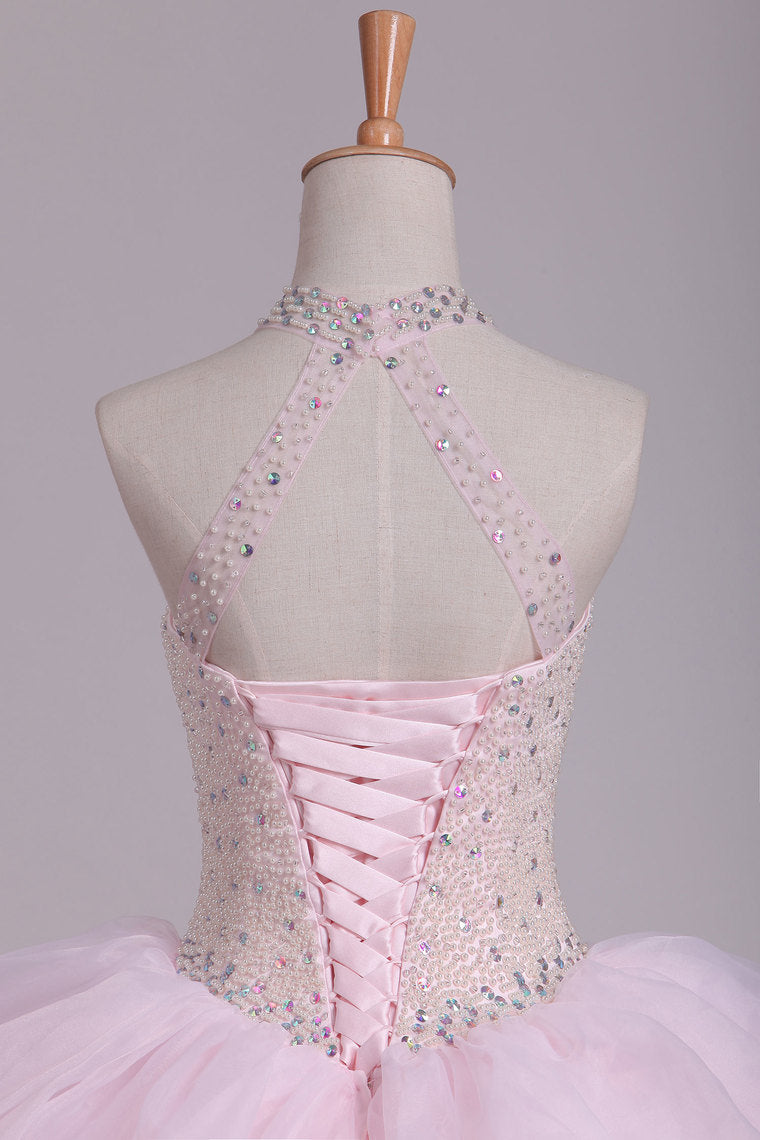 2022 Halter Ball Gown Beaded Bodice Open Back Quinceanera Dresses Organza Floor Length