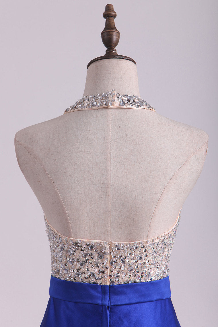 2022 Dark Royal Blue Halter Beaded Bodice Prom Dresses Satin Open Back