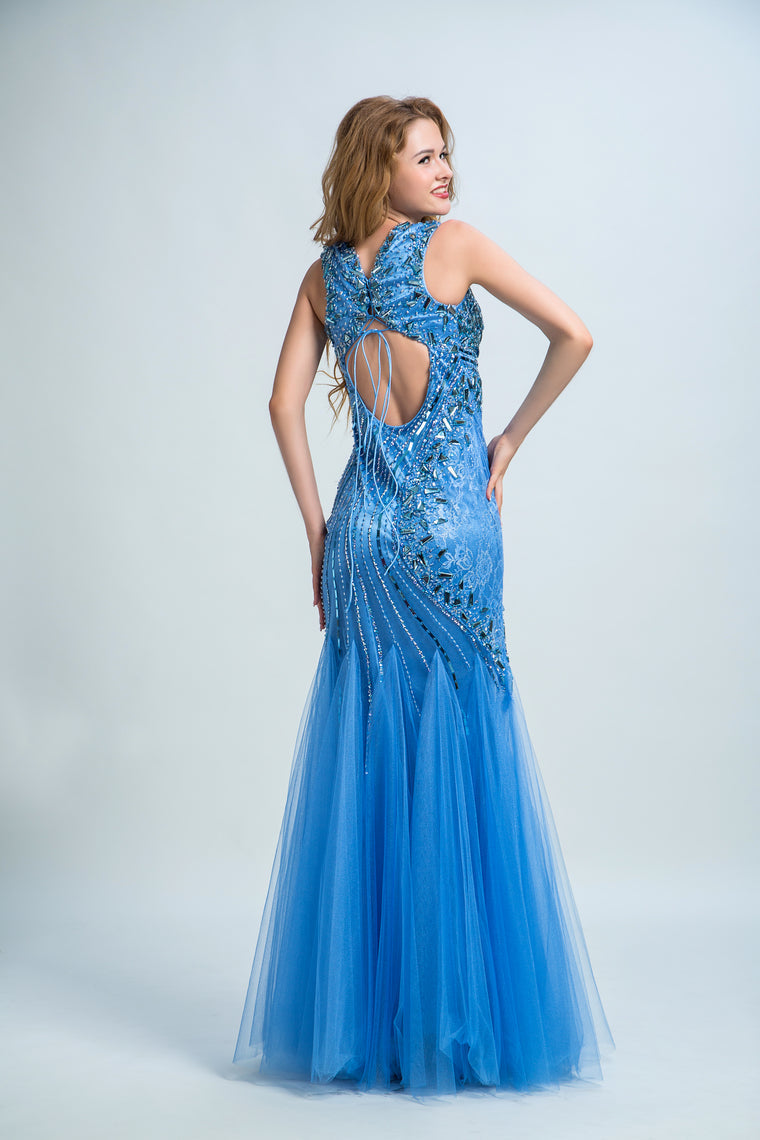 2022 Prom Dresses V Neck Open Back Tulle With Beading Floor Length
