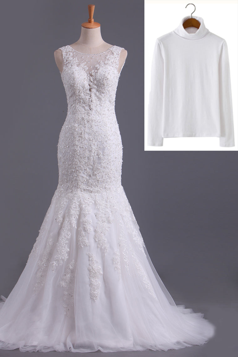 2022 Muslim High Neck Mermaid/Trumpet Wedding Dresses With Applique Tulle