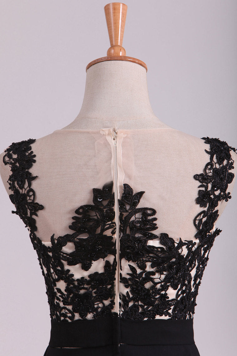 2022 Cap Sleeves Prom Dresses Scoop Floor Length Chiffon With Applique