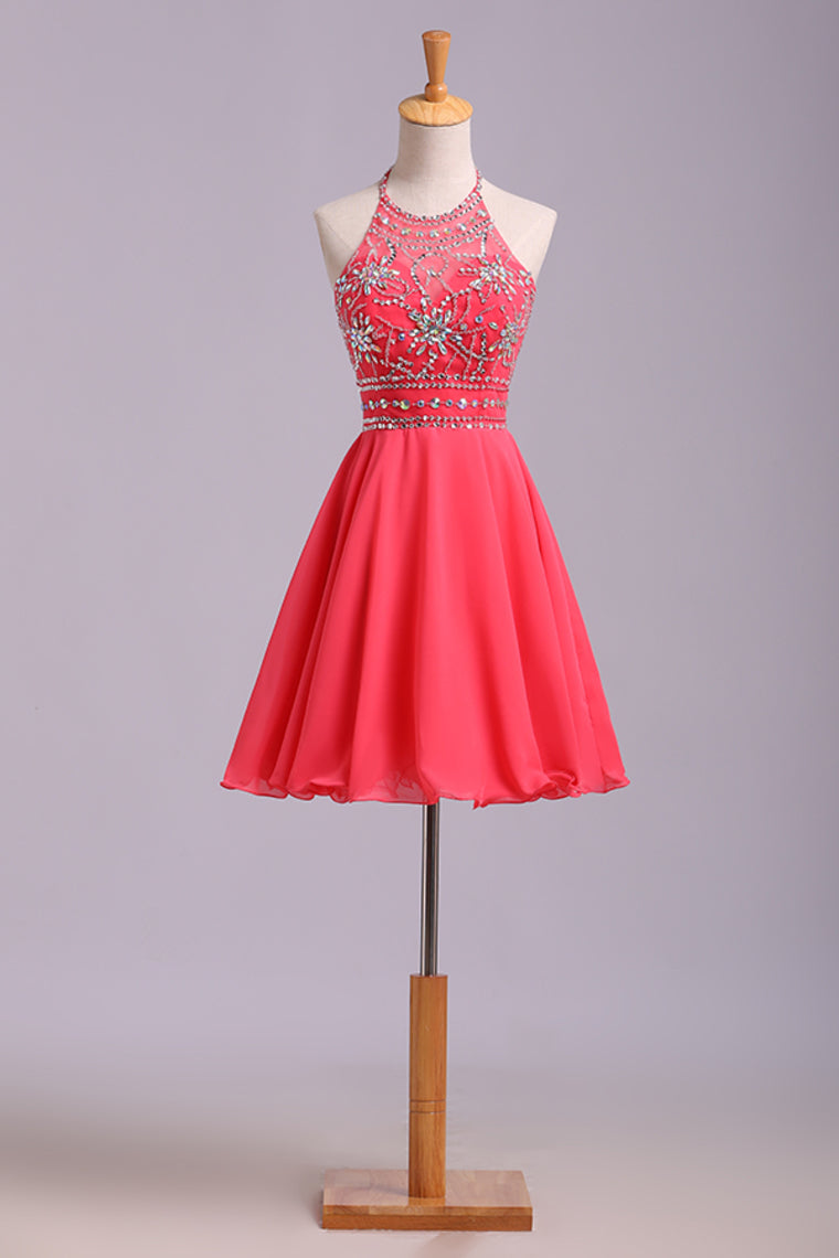 2022 Halter A Line Sexy And Cute Homecoming Dress Short/Mini Chiffon&Tulle Beaded
