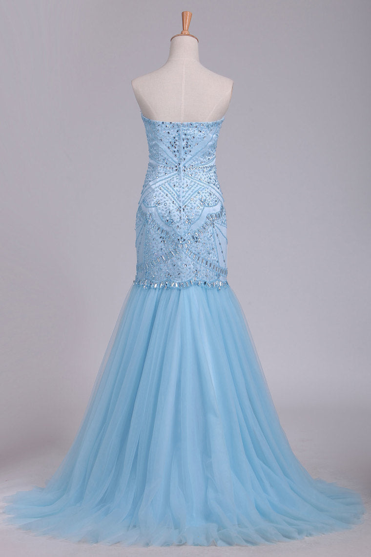 2022 Sweetheart Mermaid Prom Dresses Beaded Bodice Tulle Sweep Train