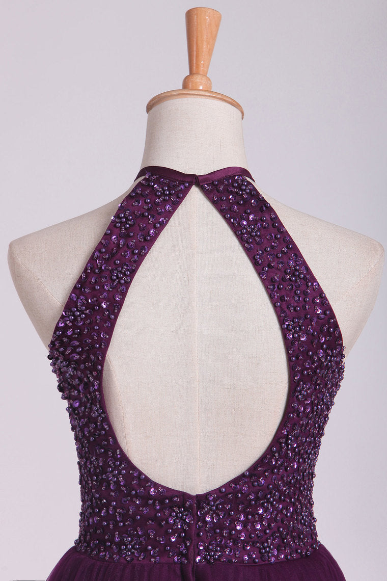 2022 Hot Halter Homecoming Dresses A-Line Tulle Beaded Bodice Mini