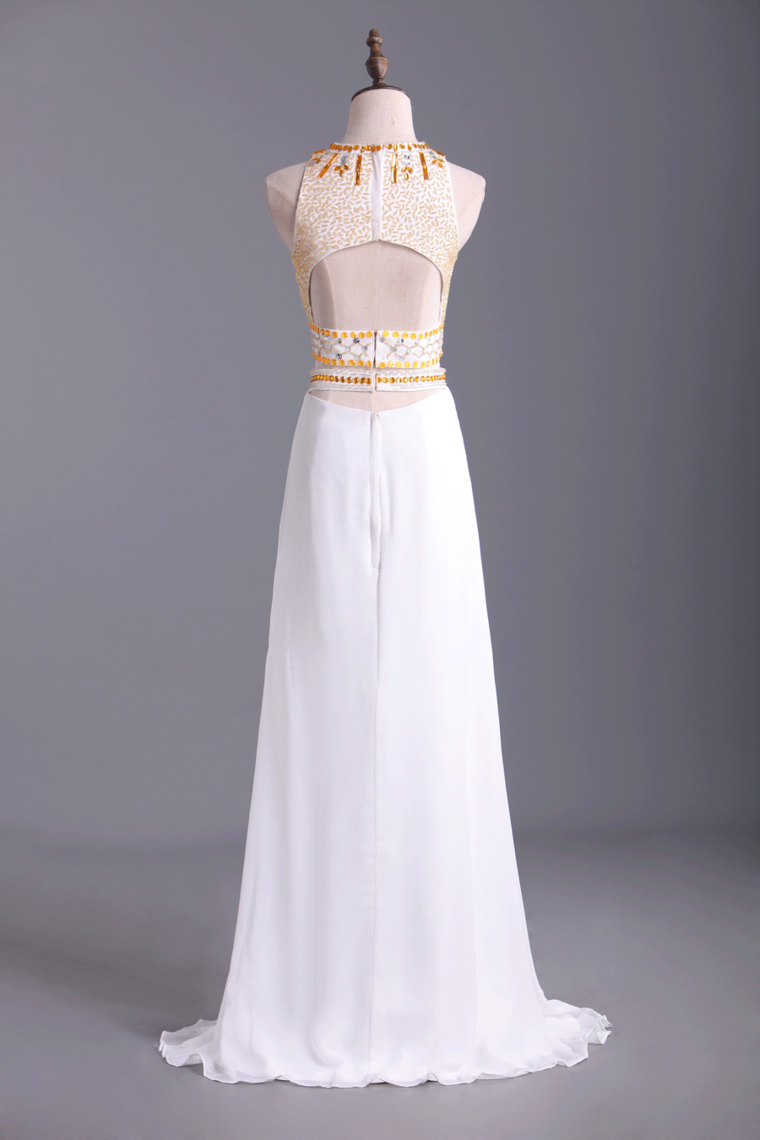 2022 Two Pieces Scoop A Line Prom Dresses Beaded Bodice Chiffon Floor Length