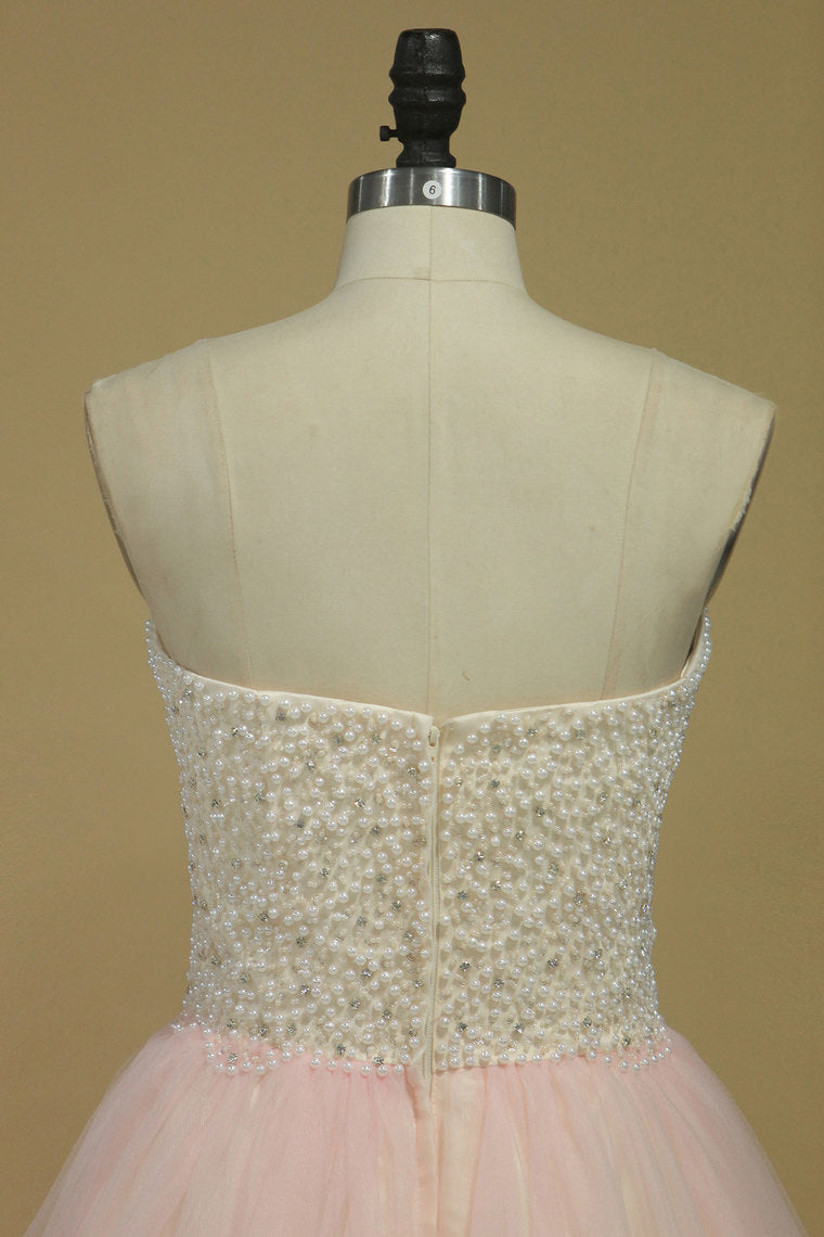 2022 Prom Dresses Sweetheart Beaded Bodice A Line Tulle Sweep Train