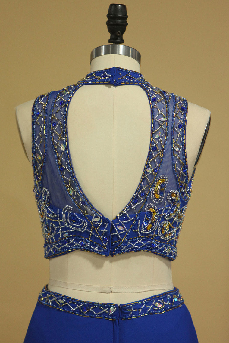 2022 Two Pieces Column Prom Dresses High Neck With Beading Spandex