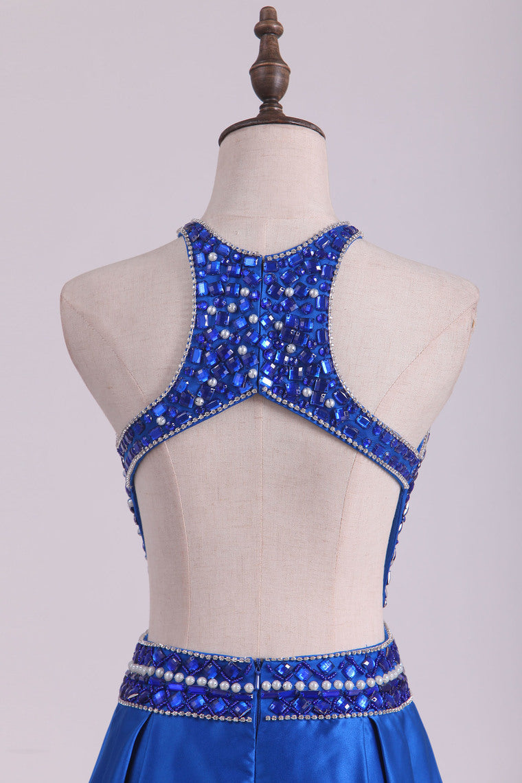 2022 Floor Length A Line Scoop Open Back Prom Dresses Satin Beaded Bodice