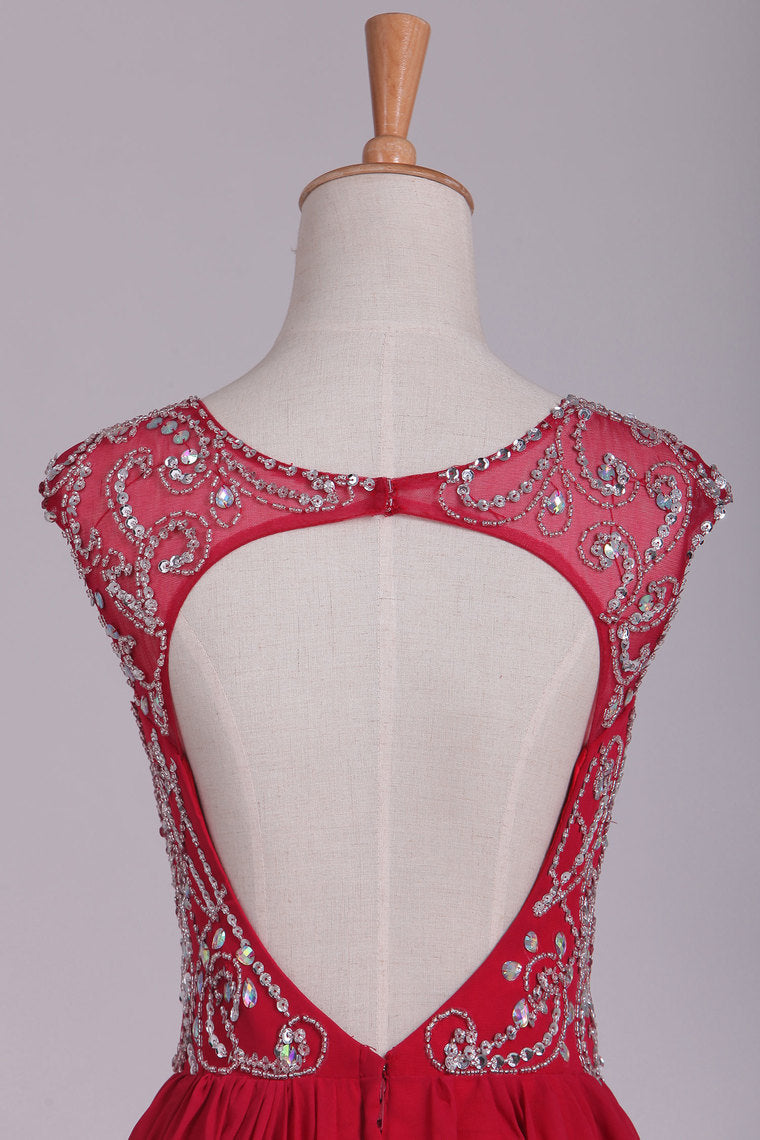 2022 Open Back Scoop Beaded Bodice A Line Chiffon Prom Dresses