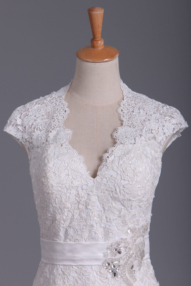 2022 V Neck Wedding Dress Open Back Mermaid/Trumpet With Lace Skirt And Ribbon