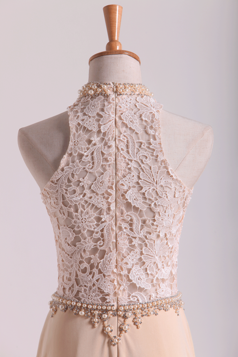2022 High Neck Prom Dresses Sheath Lace & Spandex Sweep Train