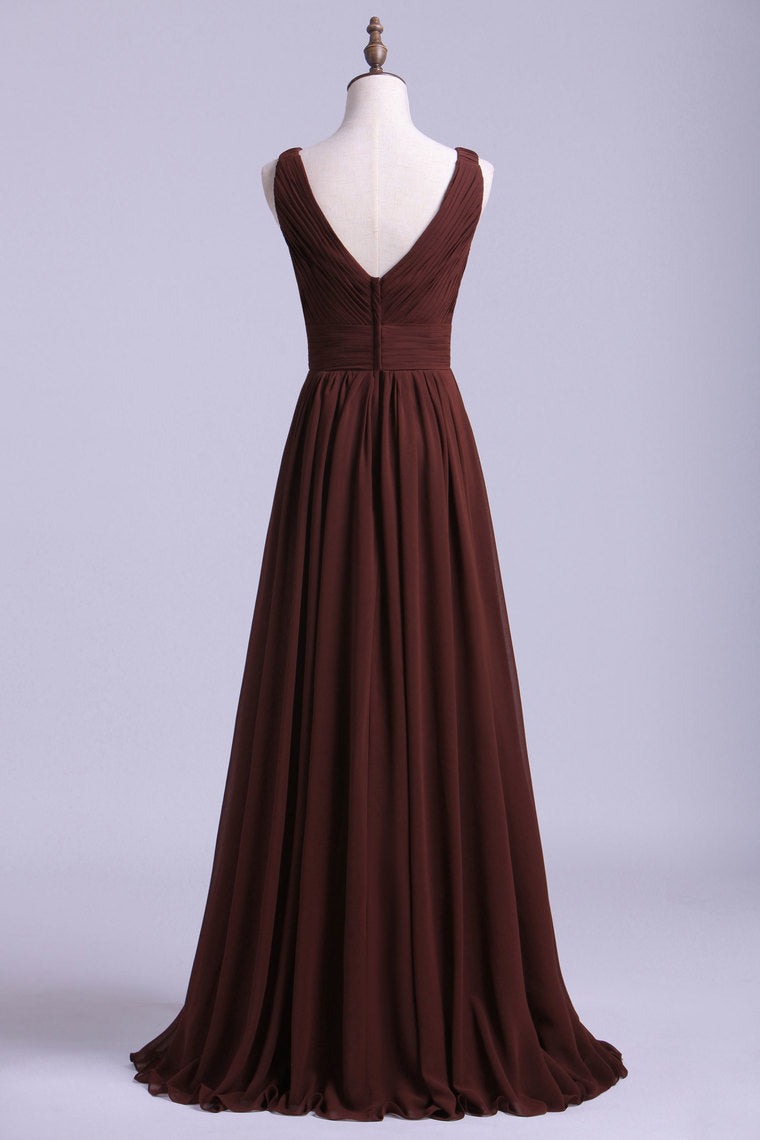 2022 V-Neck Bridesmaid Dresses A-Line Chiffon With Ruffles