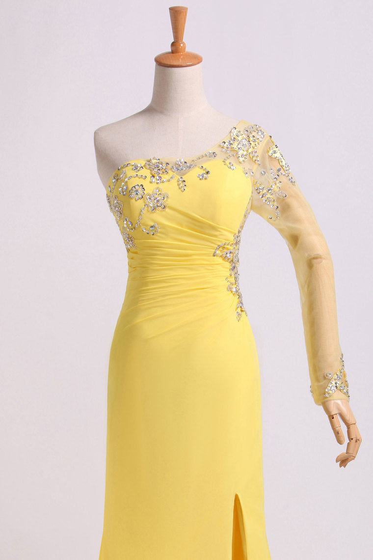 2022 One Sleeve Column Floor Length Prom Dress With Beading