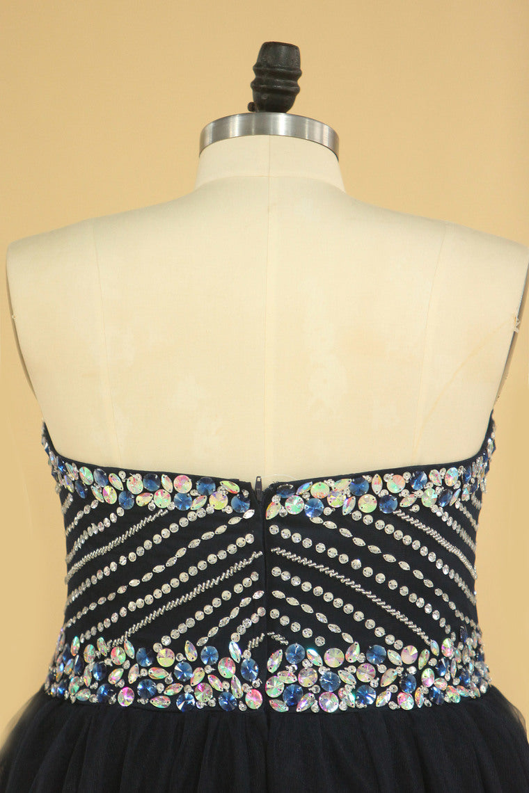 2022 Dark Navy A Line Prom Dresses Sweetheart Beaded Bodice Tulle Zipper Up