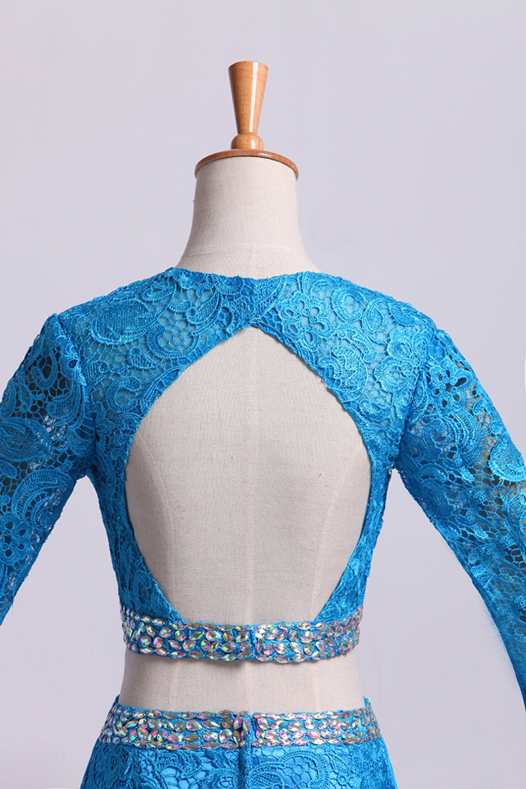 2022 Two Pieces Prom Dresses Long Sleeves Scoop Trumpet Court Train Lace