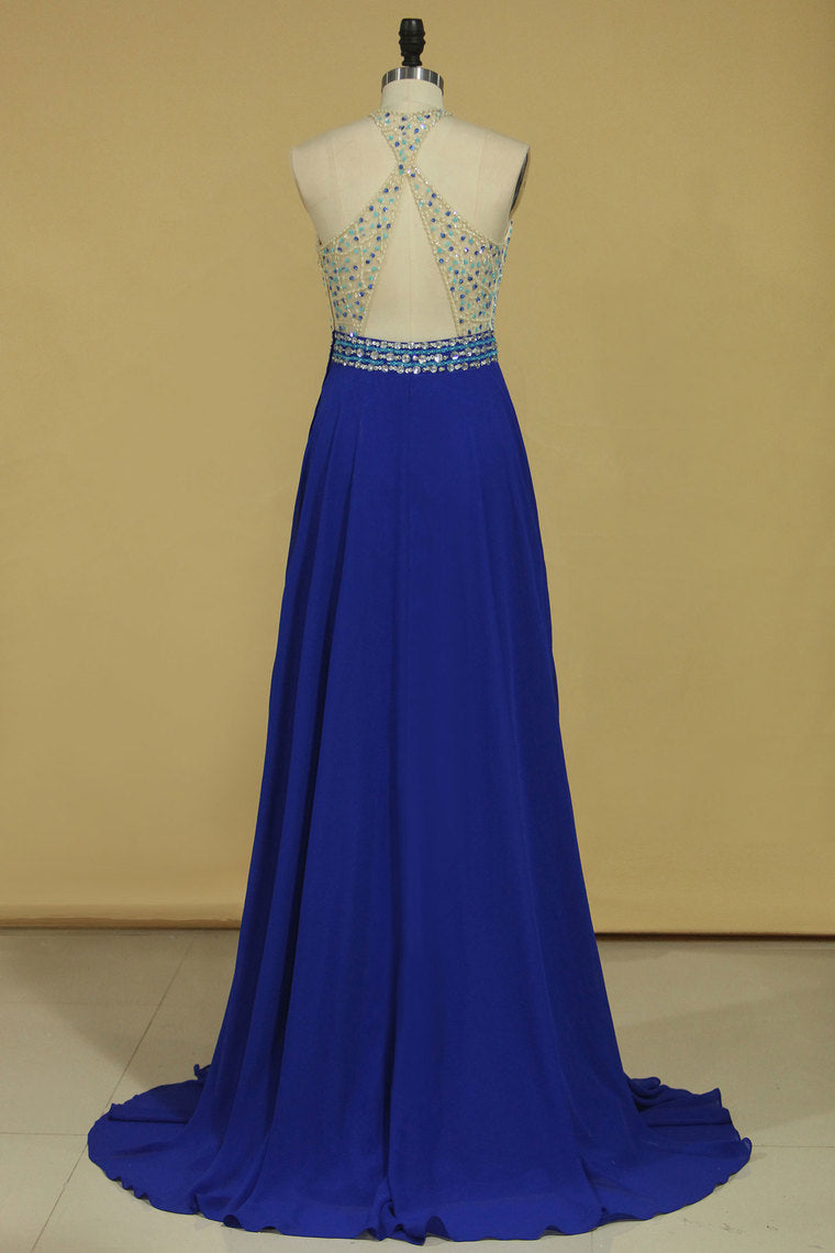 2022 Sexy Open Back Halter Beaded Bodice A Line Chiffon Sweep Train Prom Dresses