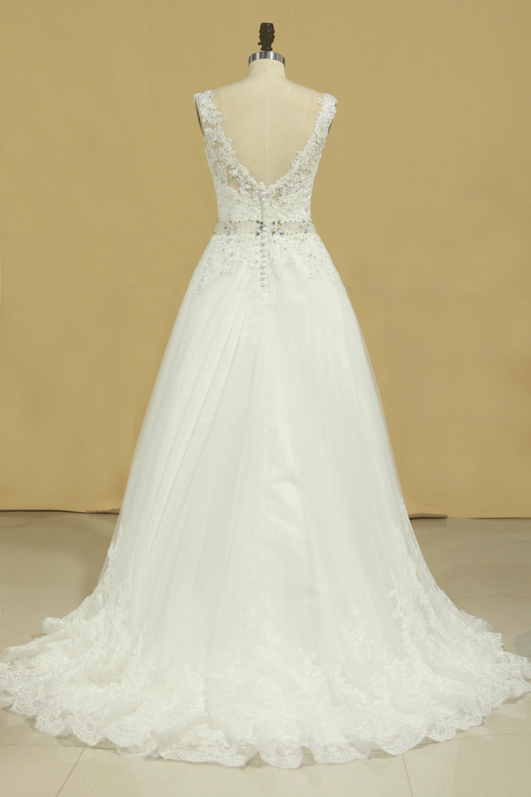 2022 Bridal Dresses A Line V-Back Tulle Chapel Train V-Back Applique & Sash