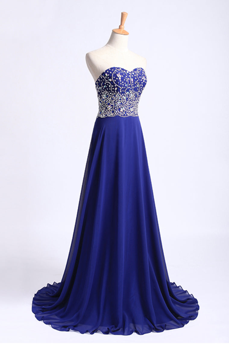 2022 Prom Dress Sweetheart Beaded Bodice A Line Chiffon Dark Royal Blue