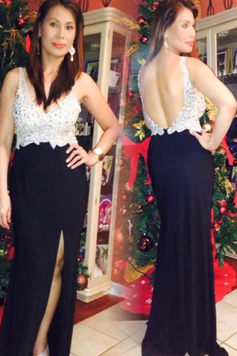 2022 Full Beaded Tulle Bodice Backless Sexy Prom Dress Court Train Black