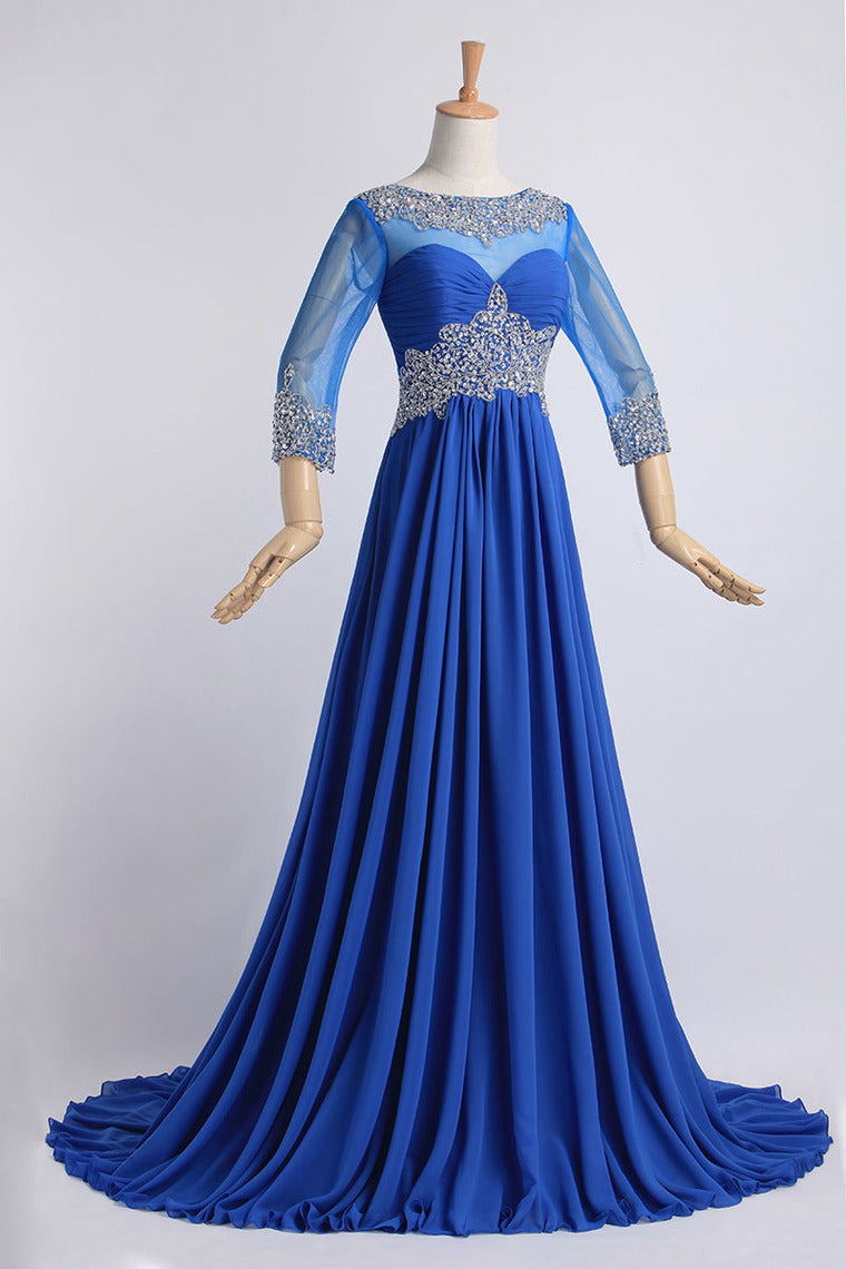 2022 Bateau 3/4 Length Sleeve A-Line/Princess Prom Dresses With Beads And Ruffles