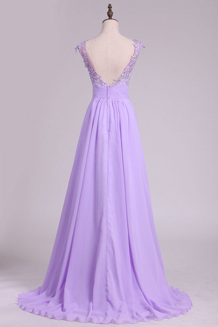 2022 New Arrival Bateau Prom Dresses A Line Chiffon With Applique And Beads