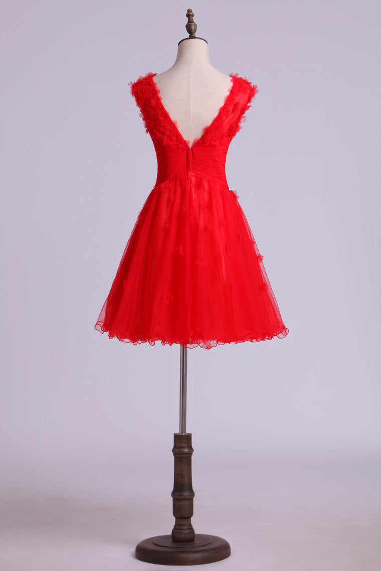 2022 Tulle Prom Dress Bateau Low Back A Line Short With Handmade Flowers