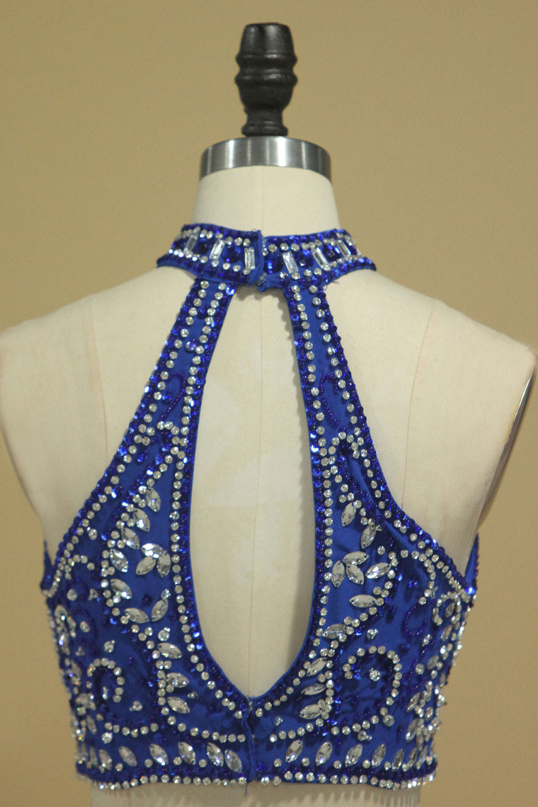 2022 Two Pieces High Neck Beaded Bodice Spandex Prom Dresses Dark Royal Blue