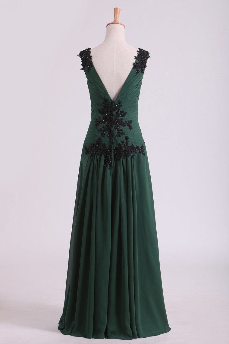 2022 Prom Dresses Regular A Line Ruffled Bodice V Neck Floor Length With Applique