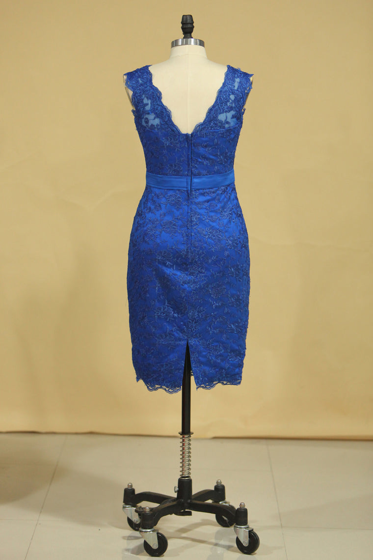 2022 Sheath/Column Evening Dresses Off The Shoulder Lace With Ribbon Dark Royal Blue