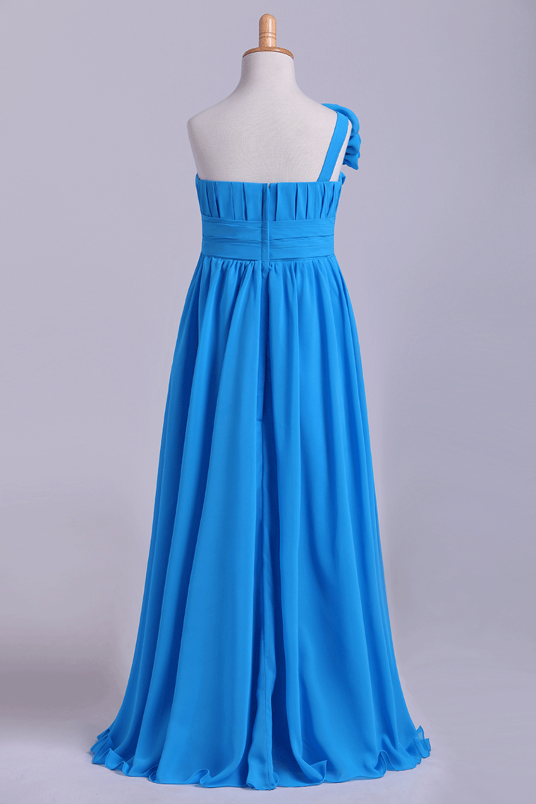 2022 Junior Bridesmaid Dresses A-Line One Shoulder Chiffon With Handmade Flower Floor Length