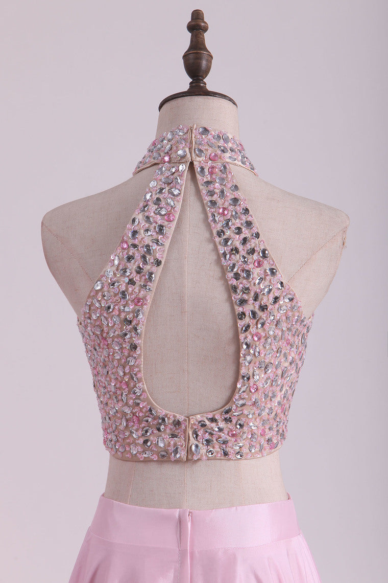 2022 Two-Piece High-Neck Beaded Bodice Taffeta Prom Dresses