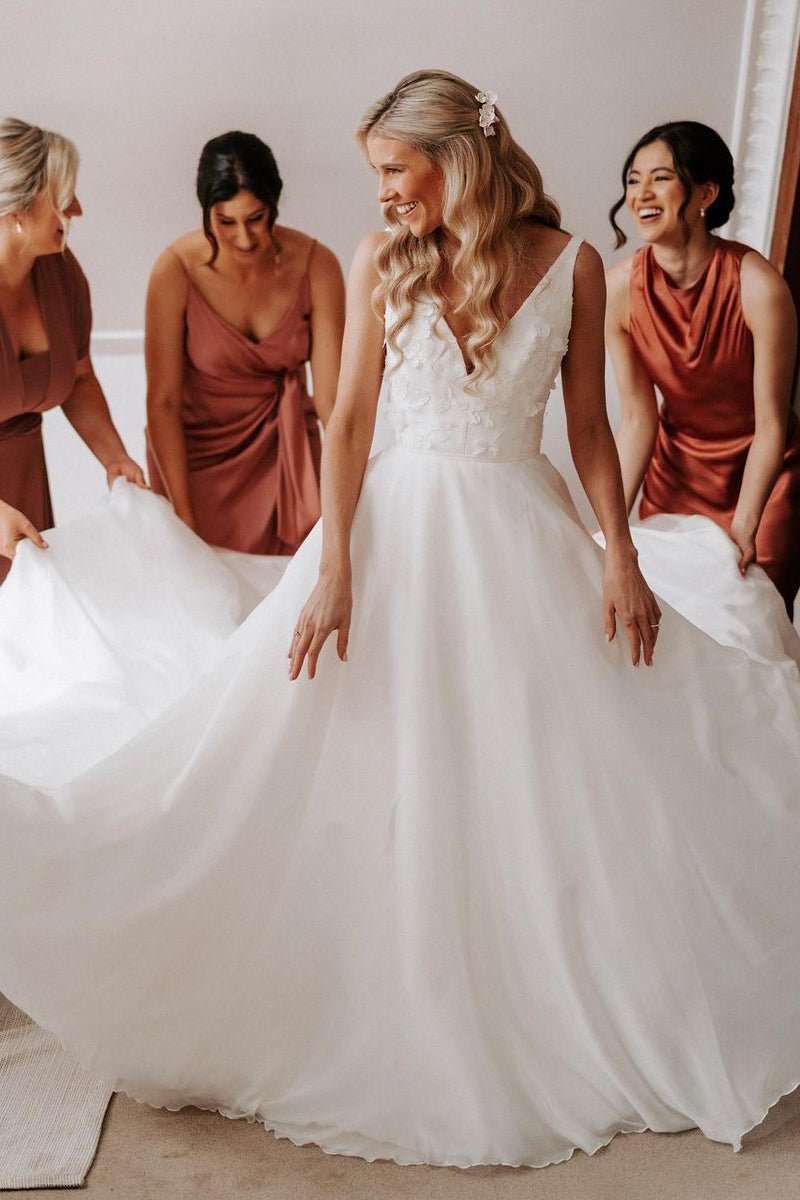 Zuri | Elegant  A-Line V Neck White Chiffon Wedding Dress with Appliques