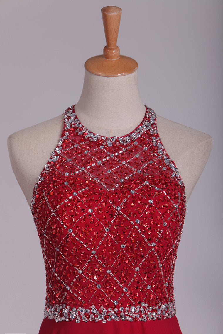 2022 Halter A Line Prom Dresses Beaded Bodice Sweep Train Chiffon & Tulle Open Back