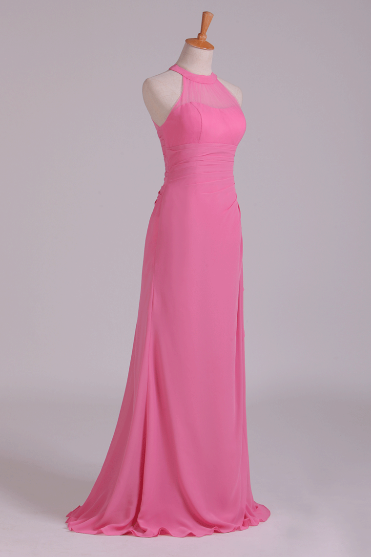 2022 Scoop Sheath Bridesmaid Dress Chiffon With Ruffles Floor Length
