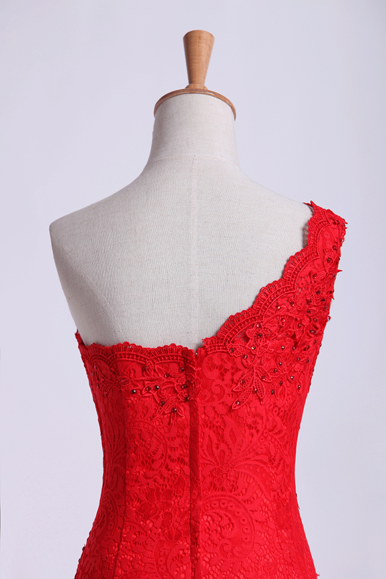 2022 One-Shoulder Sheath Prom Dresses Beaded Lace Floor-Length Zipper Back