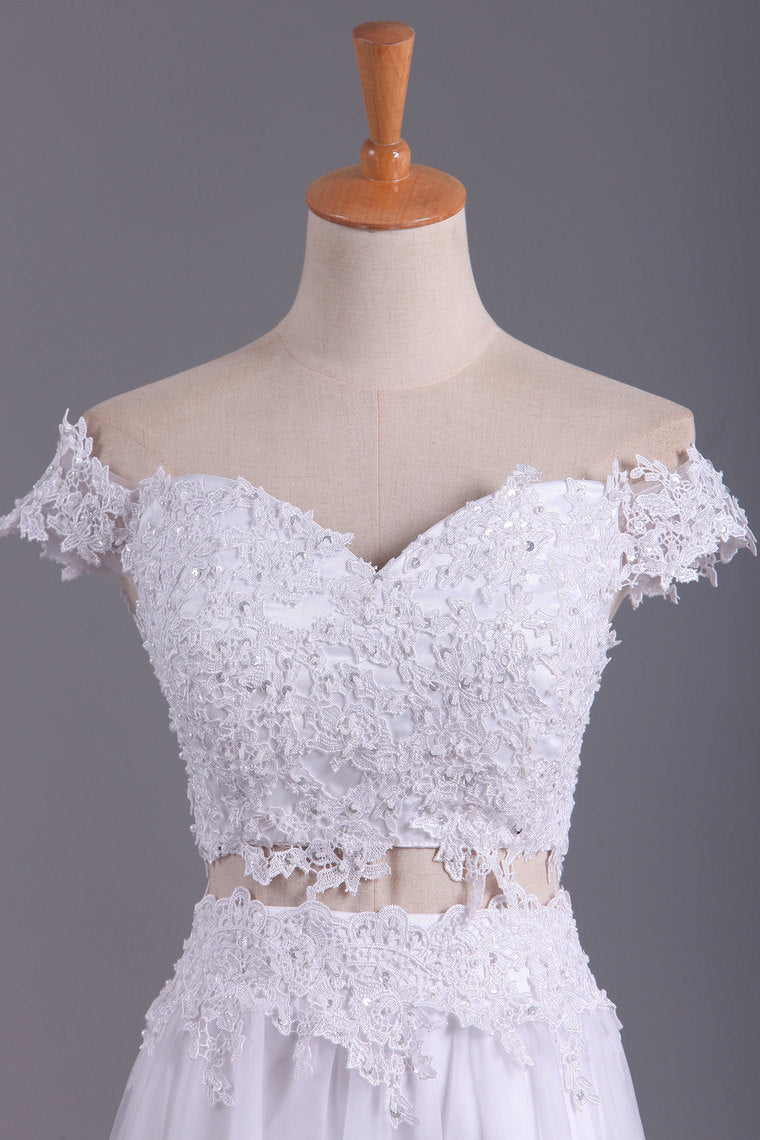 2022 Two Pieces Off The Shoulder Prom Dresses Tulle A Line With Applique
