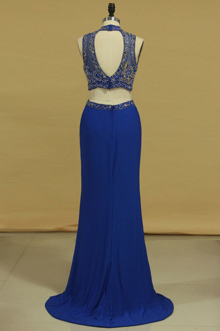 2022 Two Pieces Column Prom Dresses High Neck With Beading Spandex