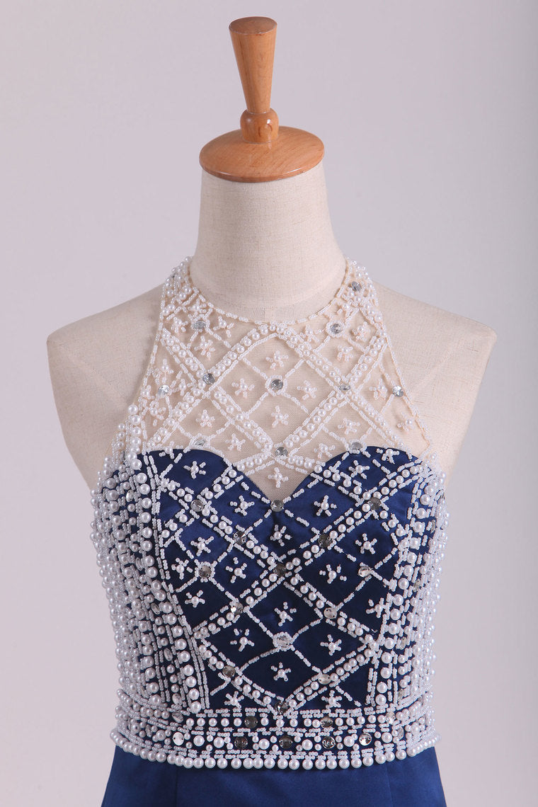 2022 Sexy Open Back Halter  Mermaid Prom Dresses Satin With Beading Floor Length