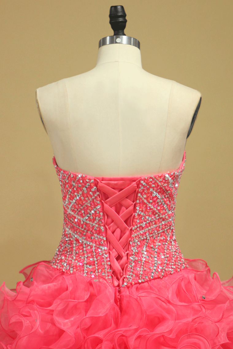 2022 Beautiful Quinceanera Beaded Bodice Sweetheart Floor Length Ruffle Skirt Orange