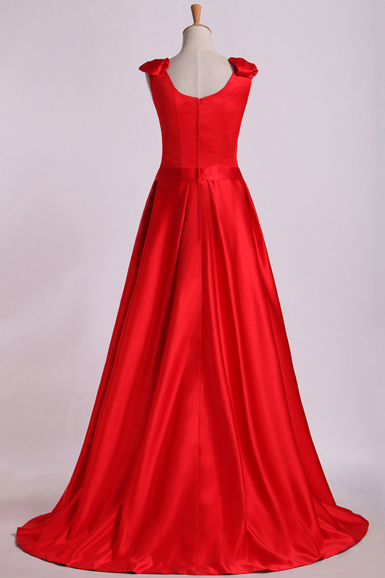 2022 Evening Dress V-Neck Bubble Shoulder A-Line Satin Floor-Length