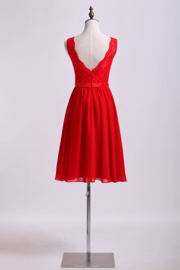 2022 V-Neck A Line Knee Length Lace & Chiffon Bridesmaid Dresses