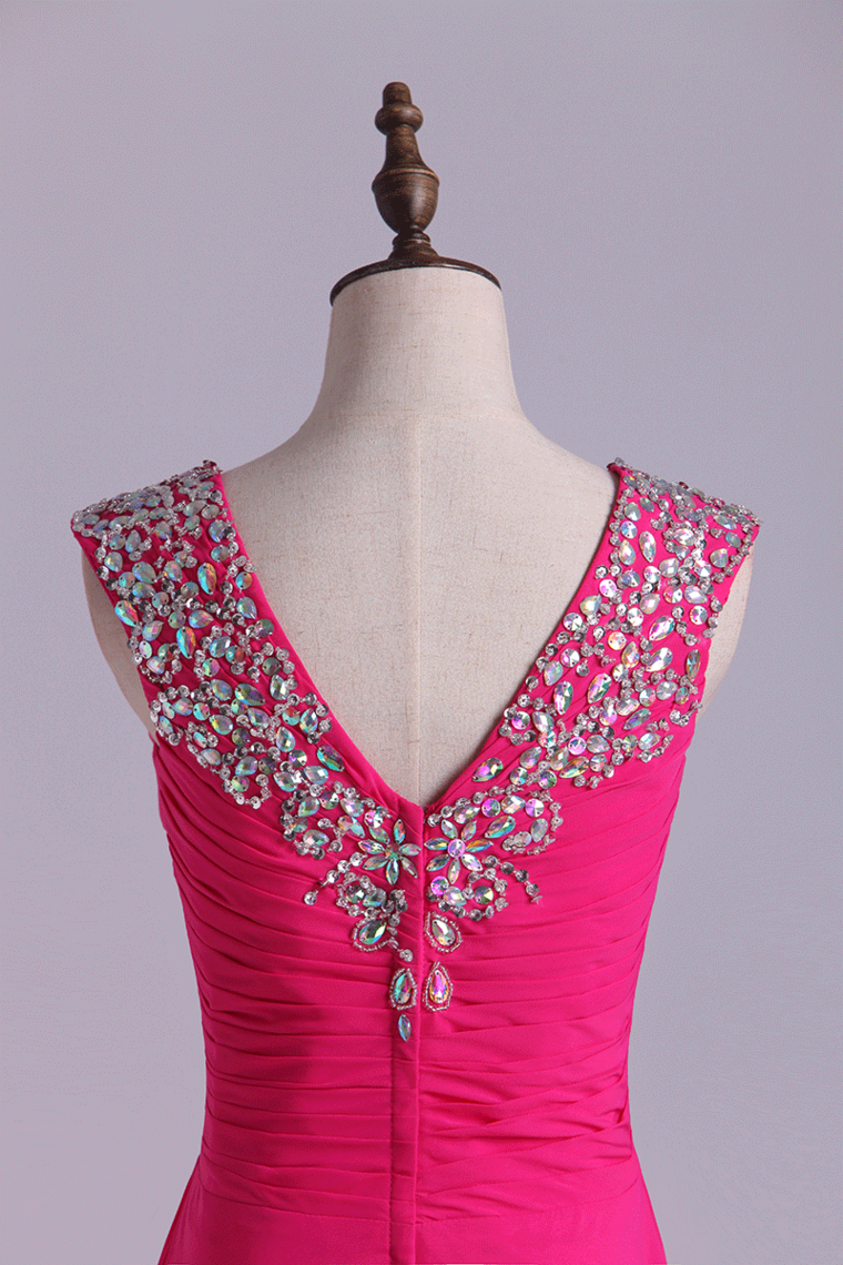 2022 Graceful Beaded&Ruffled Prom Dress V Neck Chiffon Floor Length
